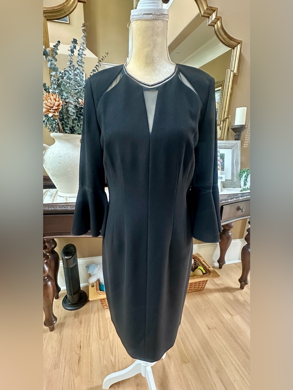 Elie Tahari Black Midi Dress with Sheer Insets